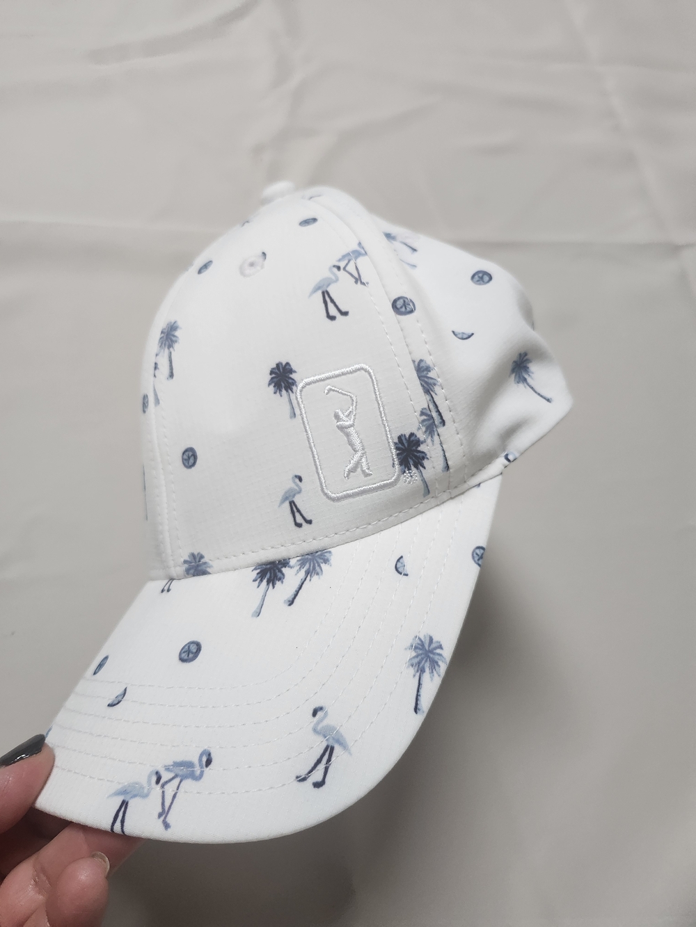 PGA Tour White Baseball Cap with Blue Palm & Flamingo Print